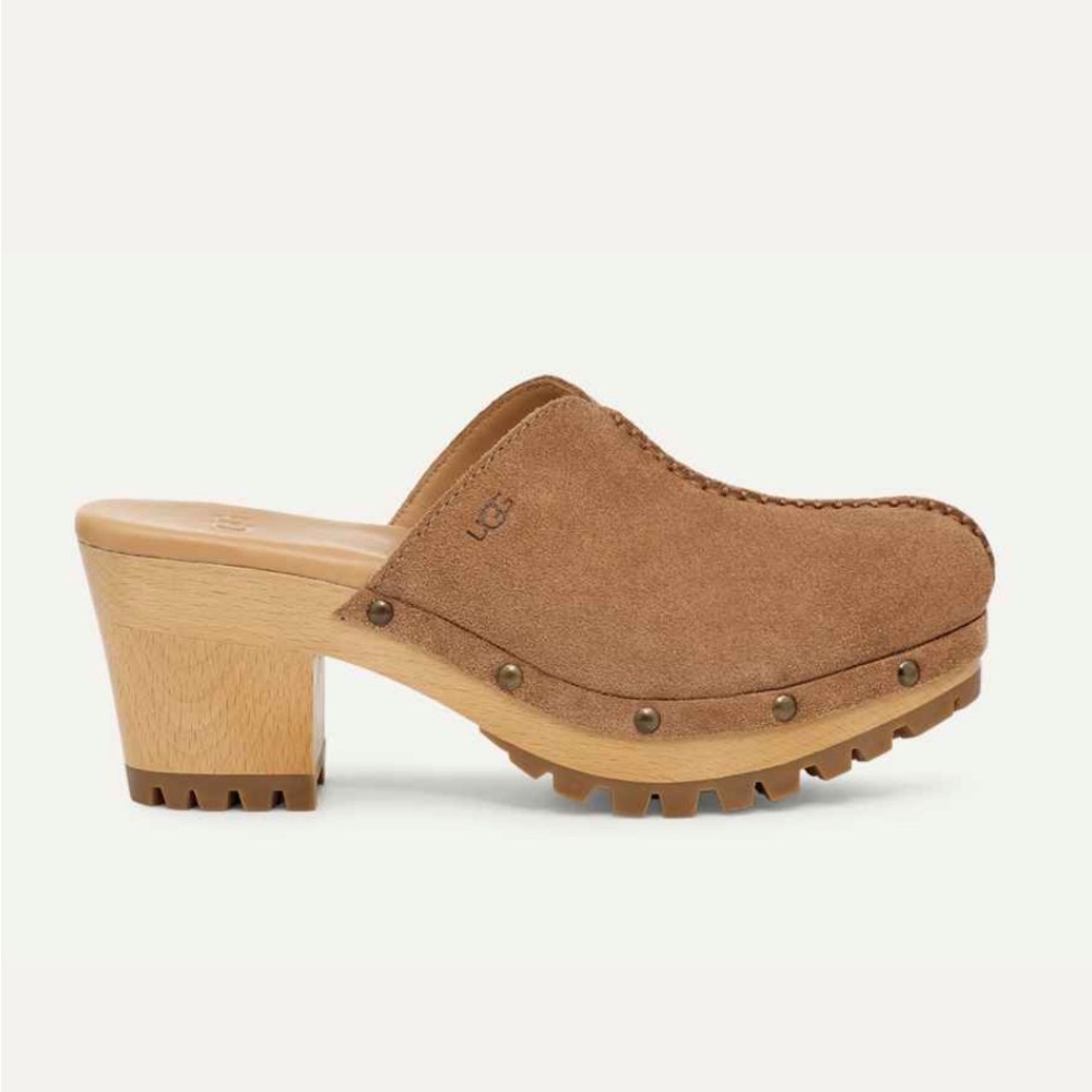 UGG Tan Suede Mules with Wooden Sole